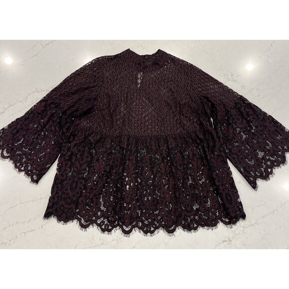 Lane Bryant Womens 24 Burgundy Black Crochet Lace Top High Neck Long Slv Goth - Picture 1 of 11